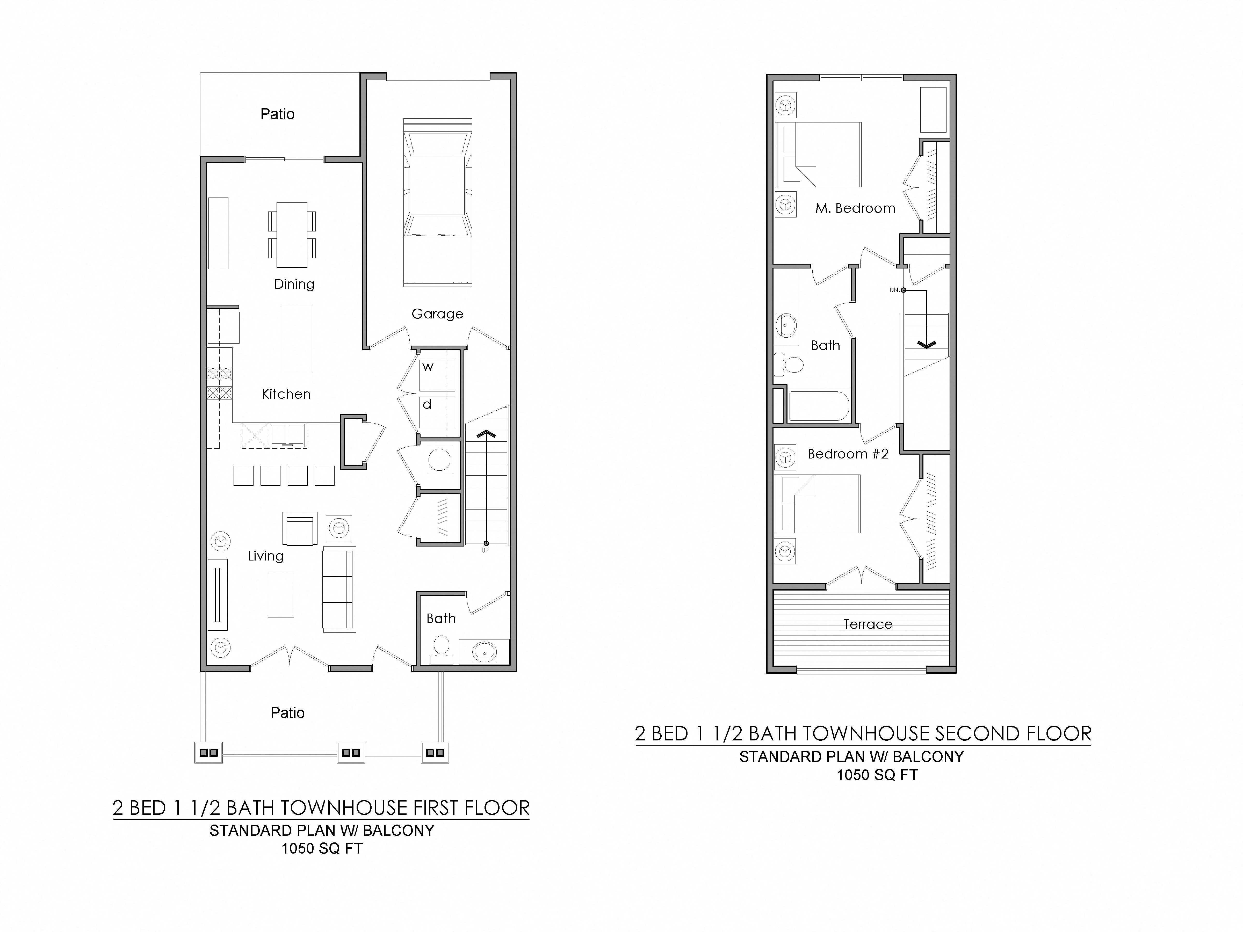 Floor plan for 2 beds, 1.5 baths, 1050 sqft